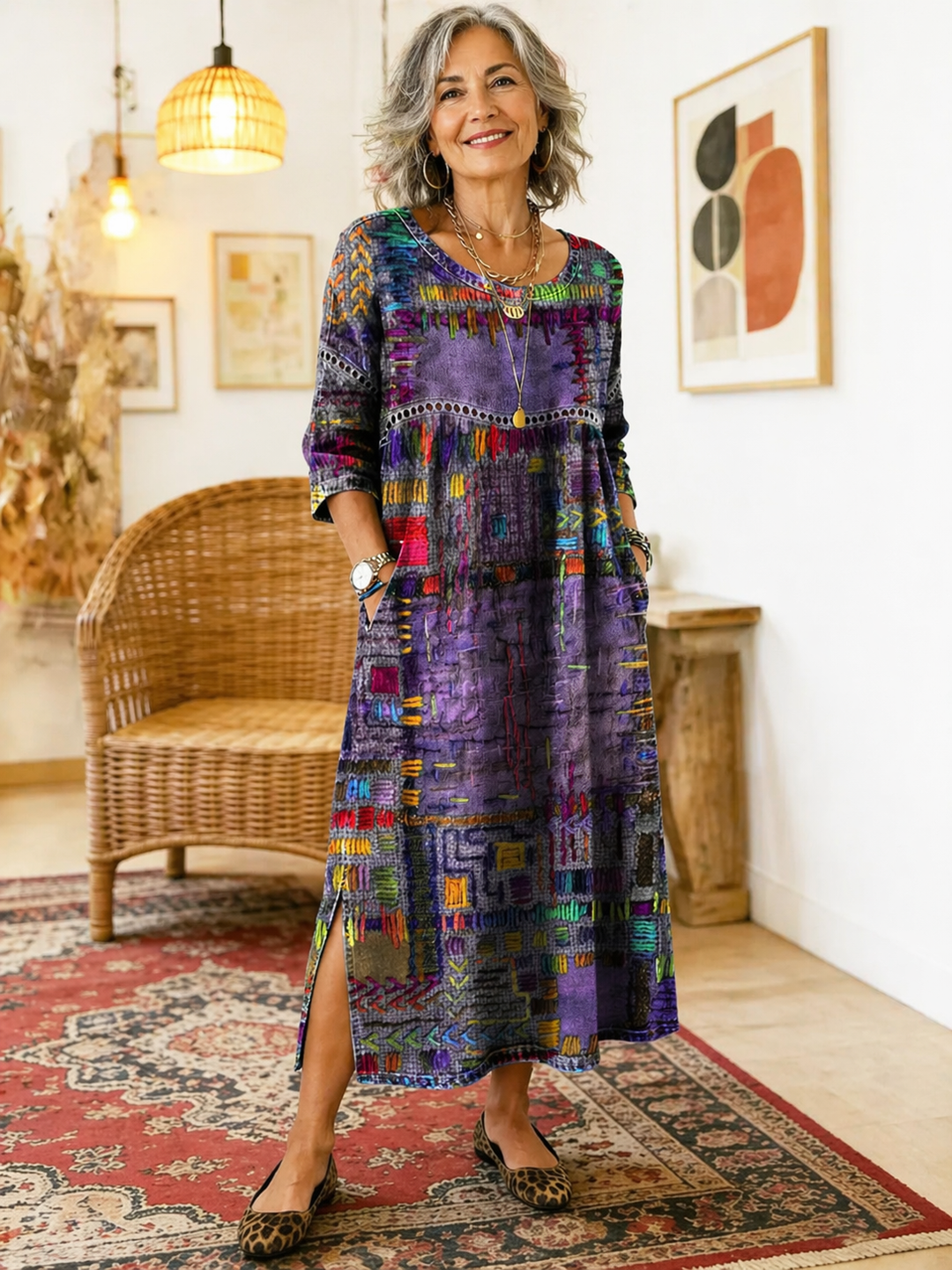 Catie™ | Vestido denim con patchwork étnico