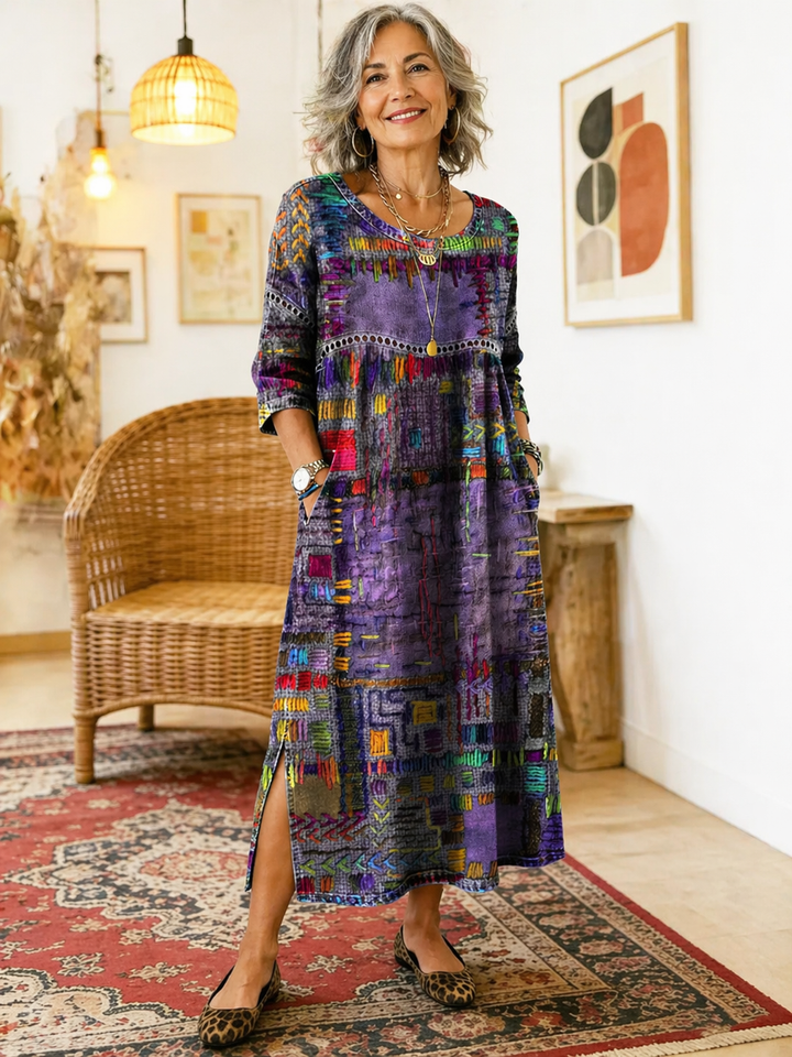 Catie™ | Vestido denim con patchwork étnico