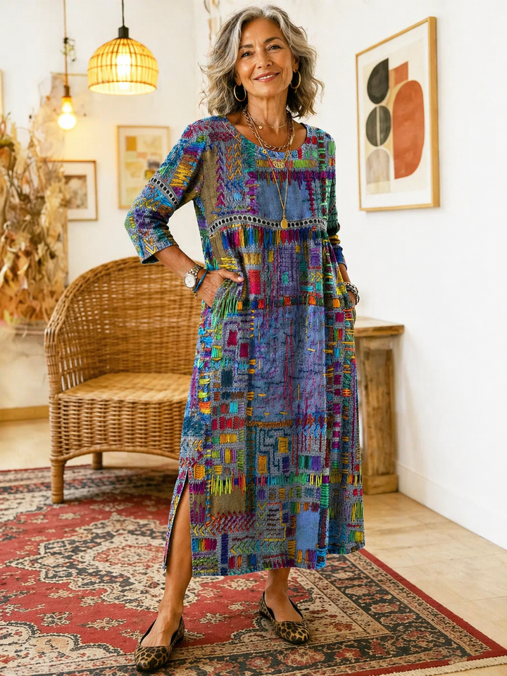 Catie™ | Vestido denim con patchwork étnico