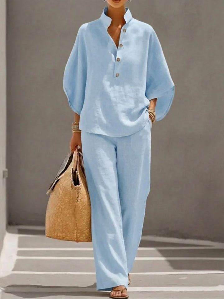 Selena™ | Conjunto de lino con mangas murciélago y pantalón ancho